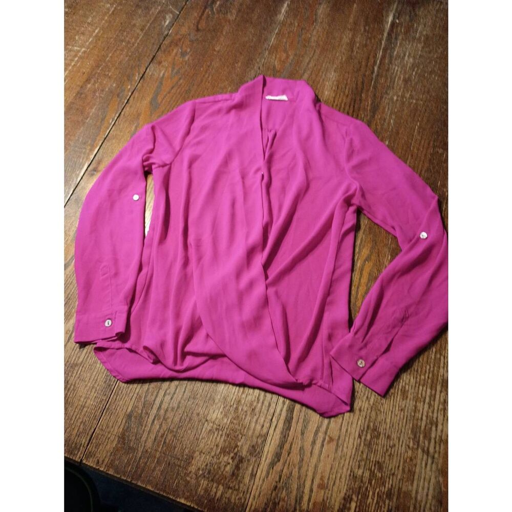 Small Ellui Pink Open Front Long Sleeve to 3/4 Sleeve Blouse Top Shirt w Collar